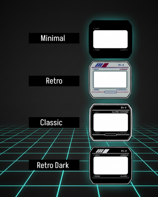 Collection of digital display styles labeled 'Minimal', 'Retro', 'Classic', and 'Retro Dark' on a grid background.